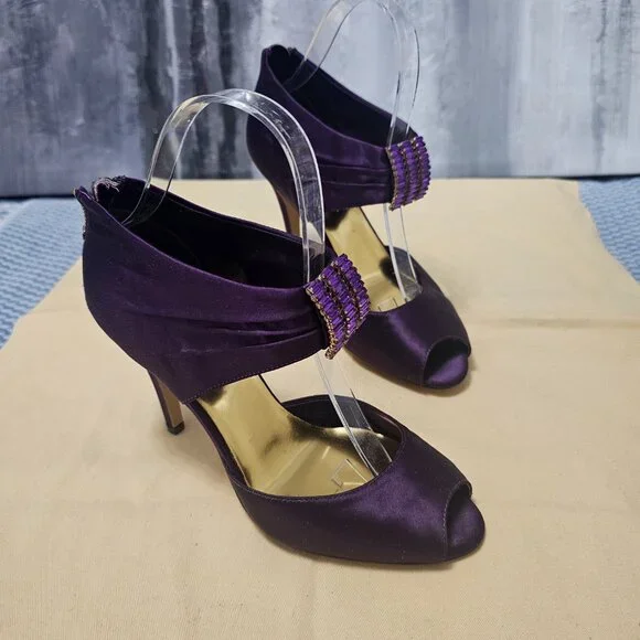 Nine West Purple Satin with Rhinestone Strappy High Heels - Size 6 - Picture 2 of 6